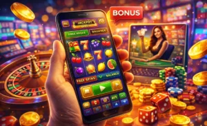 aplicación de casino móvil smartphone con tragamonedas ruleta y fichas de juego