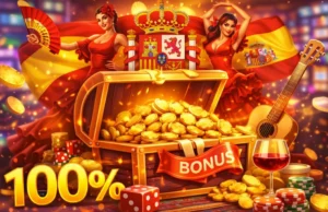 Banner de casino español con cofre de monedas, bailarinas flamencas, bandera de España y bono 100%